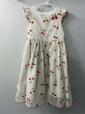 Laura Ashley Retro White Polka Dot Cherry-Print Tulle Dress Size 6X